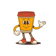 Orange coffee cup mascot with red lid standing and greeting with open hand. Ideal for coffeeshop branding, beverage advertising and friendly digital design concepts. Vector illustration