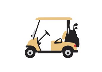 A tan golf cart with clubs in a bag parked on a white background