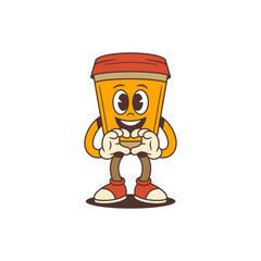 Happy takeaway coffee cup mascot in orange with red lid forming heart gesture with hands. Suitable for cafe branding, social media, advertising, and beverage promotions. Vector illustration