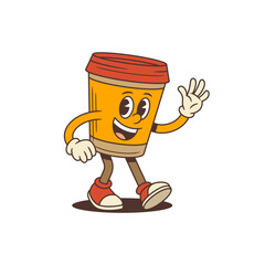 Orange coffee cup mascot with red lid walking while waving hand and showing okay gesture. Perfect for coffeeshop branding, cafe marketing, and digital design projects. Vector illustration