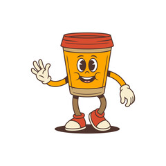 Cheerful orange coffee cup mascot with red lid waving a hand in a friendly gesture. Ideal for coffee shop branding, social media, promotional materials, and marketing designs. Vector illustration