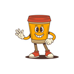 Joyful coffee cup mascot with red lid waving hand in friendly greeting. Retro cartoon style ideal for advertising, branding, packaging, and web content. Vector illustration