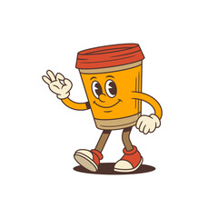 Cheerful coffee cup character with a red lid in retro cartoon style showing an OK sign. Suitable for branding, advertising, logo design, and social media promotion. Vector illustration