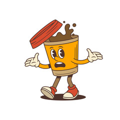 Cartoon coffee cup mascot with surprised face, open lid, and splashing drink in vintage style. Perfect for cafe branding, food packaging and emoji stickers. High-quality isolated vector illustration.