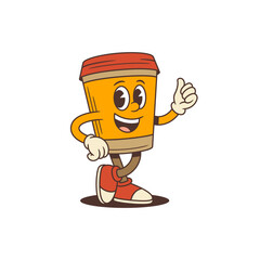 Smiling orange coffee cup mascot with expressive eyes in retro cartoon style. Suitable for cafe branding, drink promotions, packaging design. Isolated colorful vector illustration