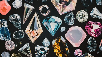 Colorful cut gemstones and crystals on black background, close-up view