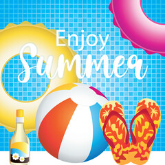 Enjoy Summer. Swimming pool vector hand drawn illustration with colorful objects.