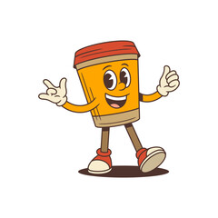 A joyful anthropomorphic coffee cup mascot with bright expressive eyes and a wide smile stands confidently with open arms. Perfect for branding, advertising, social media, and cafe promotions
