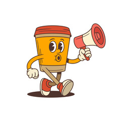 Dynamic coffee cup mascot holding a megaphone conveys excitement and urgency. Ideal for marketing campaigns, social media, cafe branding, and promotional events. Retro cartoon vibe vector illustration