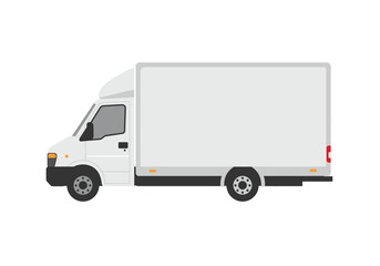A white delivery van with a boxy cargo area sits on a white background