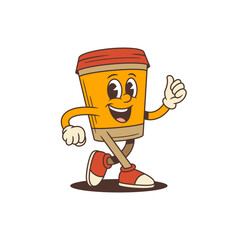 Lively coffee cup mascot in motion with bright eyes and thumbs-up gesture brings energetic charm for branding, advertising, packaging, and digital content. Retro-style cartoon vector illustration