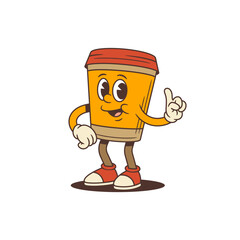 Confident coffee cup mascot with expressive eyes and a raised finger gesture adds charm and personality to branding, cafe menus, ads, packaging, and digital projects. Cartoon style vector illustration