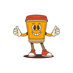 Smiling coffee cup mascot with open arms radiates friendliness and charm, perfect for cafe branding, advertising, packaging, and digital marketing projects. Old-school cartoon vector illustration