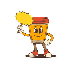 Cheerful coffee cup mascot with a shining star and bright smile adds playful charm to branding, packaging, cafe menus, ads, and digital content. Retro-inspired cartoon style vector illustration