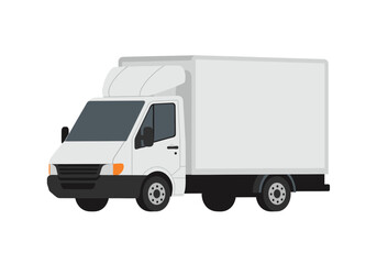 A white delivery truck with a dark grey front and black wheels on a white background