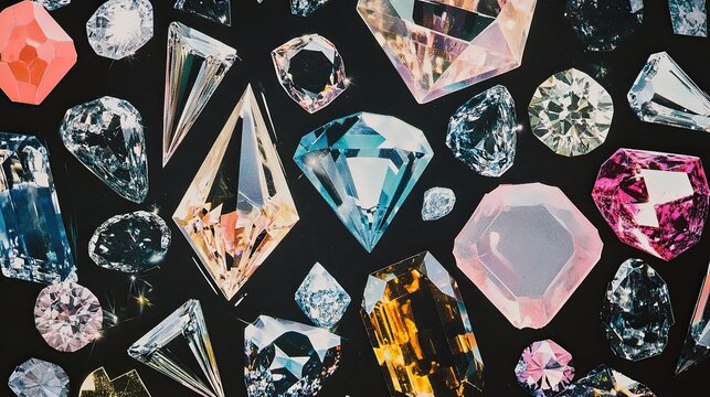Colorful cut gemstones and crystals on black background, close-up view - Powered by Adobe