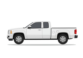 A white pickup truck is shown in side view against a white background