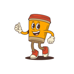 Lively coffee cup mascot with expressive face and dynamic walking pose. Character shows thumbs-up conveying positivity and enthusiasm. Ideal for marketing, social media, and advertising projects