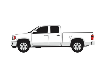 A white pickup truck with black trim wheels windows and details isolated on a white background