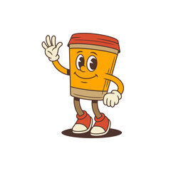 Coffee cup mascot standing in playful confident pose. Character waves energetically with open hand and smiles broadly, radiating friendliness and positive vibes for marketing and branding projects