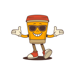 Coffee cup mascot with orange body wearing large sunglasses. Character stands in casual playful pose with thumbs-up and open hand gestures, radiating confidence and friendliness. Vector illustration