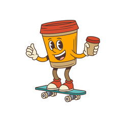 Lively cartoon coffee cup character balancing confidently on skateboard with a small cup and thumbs-up gesture. Perfect for branding, advertising, and social media designs. Vector illustration