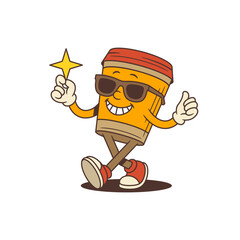 Stylish coffee mascot with sunglasses and wide grin stands on one leg, holding a star and giving a thumbs-up. Ideal for cafe branding, fun advertising, and energetic digital content