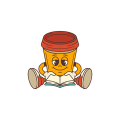 Coffee cup character sitting, holding an open book with a joyful and curious expression. Ideal for education, marketing, and social media projects that emphasize learning and friendly engagement