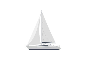 A white sailboat with two sails stands upright on a white background