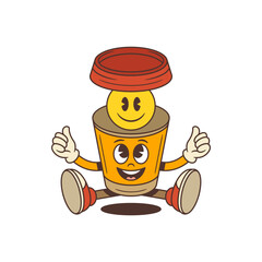 Funny coffee mascot sitting with both hands giving thumbs-up and a smiley face on top. Perfect for energetic, positive content. Vector illustration.