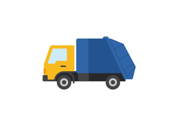 A yellow and blue garbage truck sits stationary