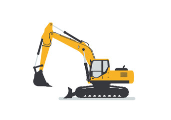 A yellow construction excavator with a black bucket and treads sits on a gray surface against a white background
