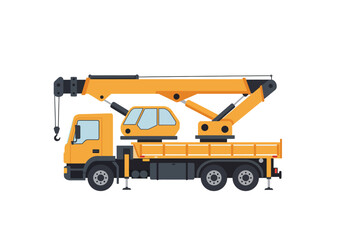 Naklejka premium A yellow crane truck with a boom extending over the bed It has a cab and a hook hanging from the end of the boom
