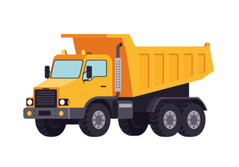 Fototapeta premium A yellow dump truck with a full bed multiple tires and clear windows is depicted against a white background