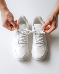 Tying White Sneakers with Focused Motion on Plain Background