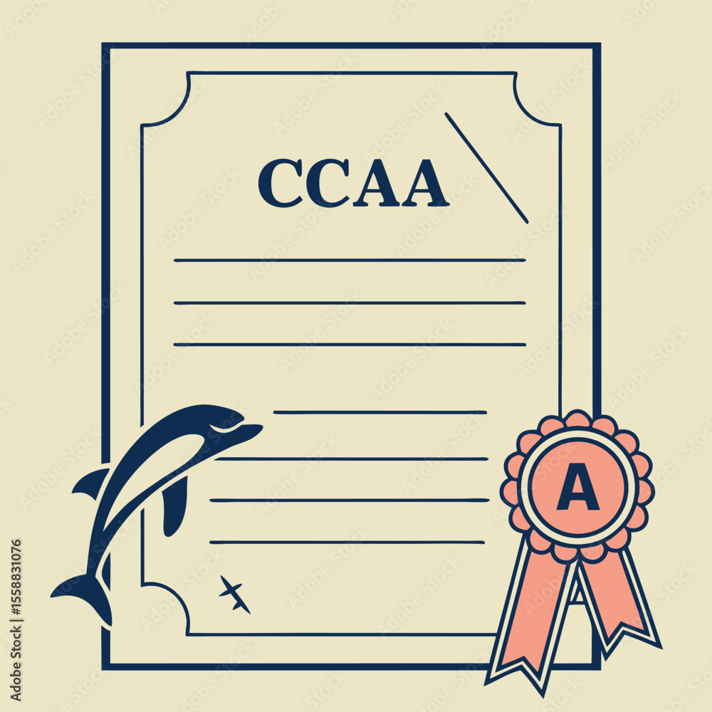 Poster vector art of a certificate with a dolphin and a seal isolated on white background