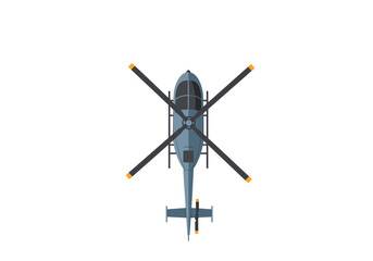 Aerial view of a helicopter with prominent rotor blades and tail rotor