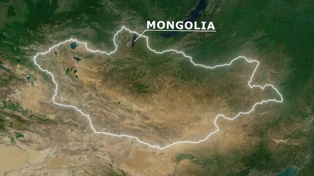 Zoom from Earth to Mongolia. Glow outline map animation satellite view with highlighted country borders. Cinematic documentary 3d world map animation highlights aerial views, tourism, and travel. 4k