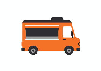 An orange food truck is depicted with black roof and wheels on a white background