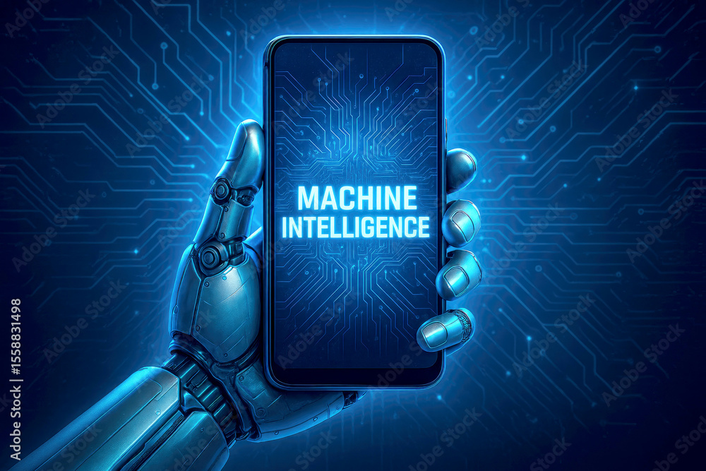 Poster robotic hand holding smartphone displaying machine intelligence artificial intelligence