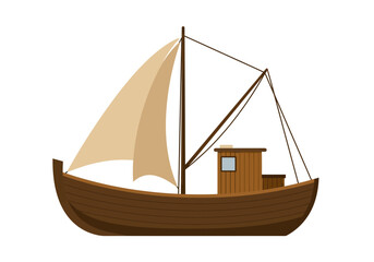 Brown wooden sailboat with tan sail rigging and a small cabin with a window