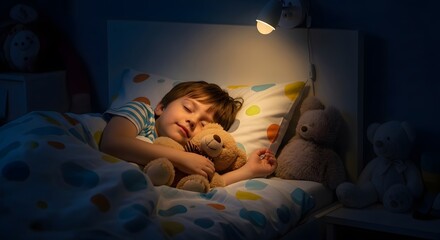 Boy Sleeping Peacefully Hugging Teddy Bear Under Warm Light at Night