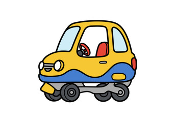 Cartoon car with yellow body blue bottom and three wheels on each side Black outline on parts