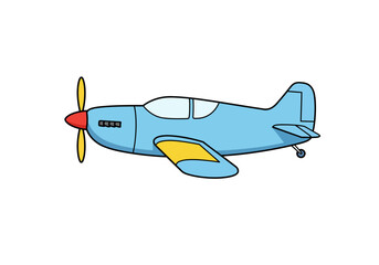 Cartoon airplane light blue body with yellow wing nose cone red yellow propellers white background