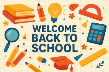 Welcome back to school banner with school supplies education books
