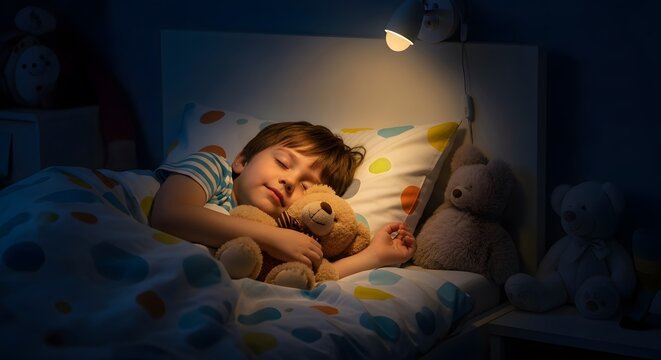 Boy Sleeping Peacefully Hugging Teddy Bear Under Warm Light at Night - Powered by Adobe