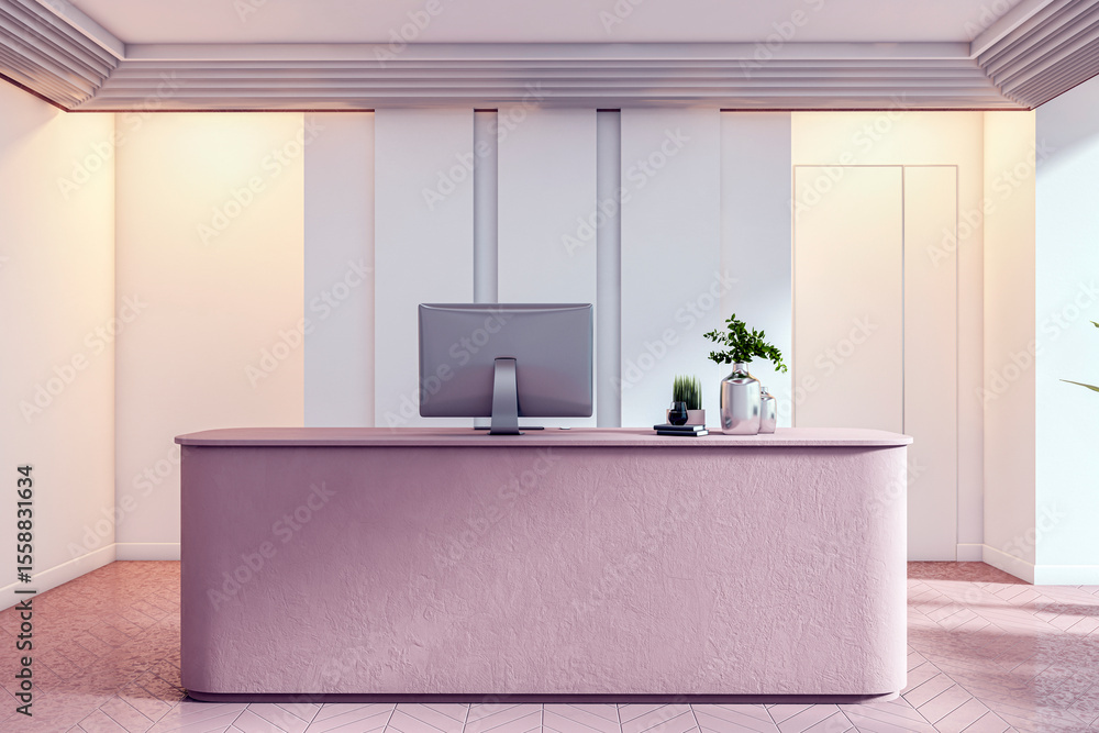 Poster Modern minimalist reception desk in stylish office lobby interior with soft lighting and elegant decor, front view with computer and plants.. 3D Rendering