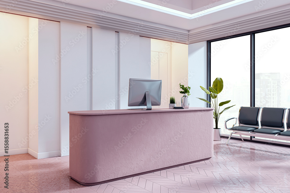 Poster modern reception desk in bright office lobby interior with city view, glass windows, and waiting are