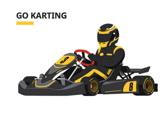 Gokart racer wearing a helmet sitting in a kart with the number 3 on front and the number 8 on the back tire