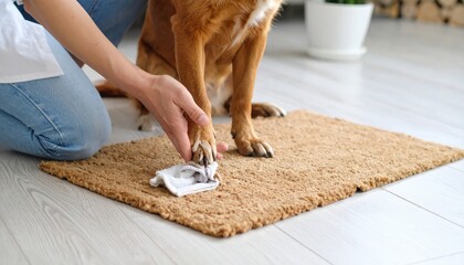 Woman Cleaning Dog Paw On Doormat